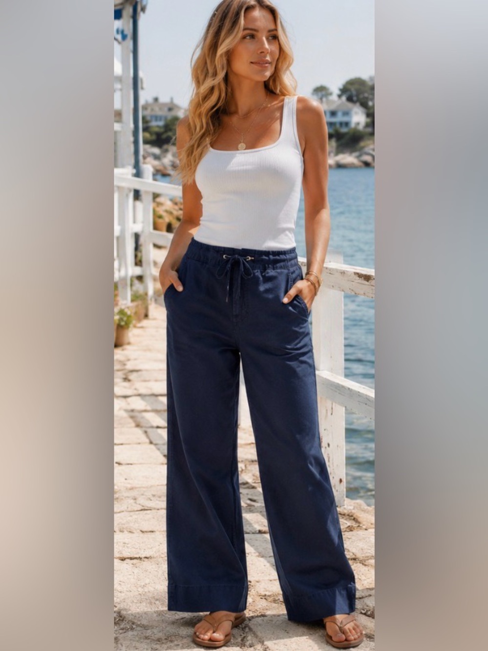 Tommy Hilfiger Jeans Size 2 Navy Blue Wide Leg Drawstring Pants 100% Cotton Y2K
